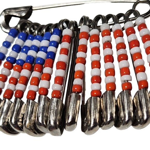 Handmade Patriotic American Flag Safety Pin Brooch Red White Blue Beads Jewelry - Picture 3 of 4